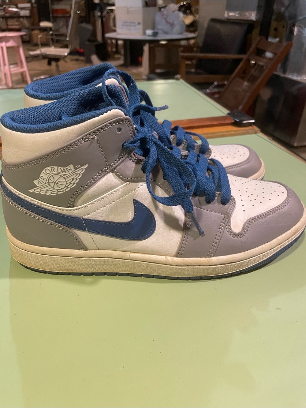 Jordan Men’s High-Top Sneakers in White, Gray & Blue